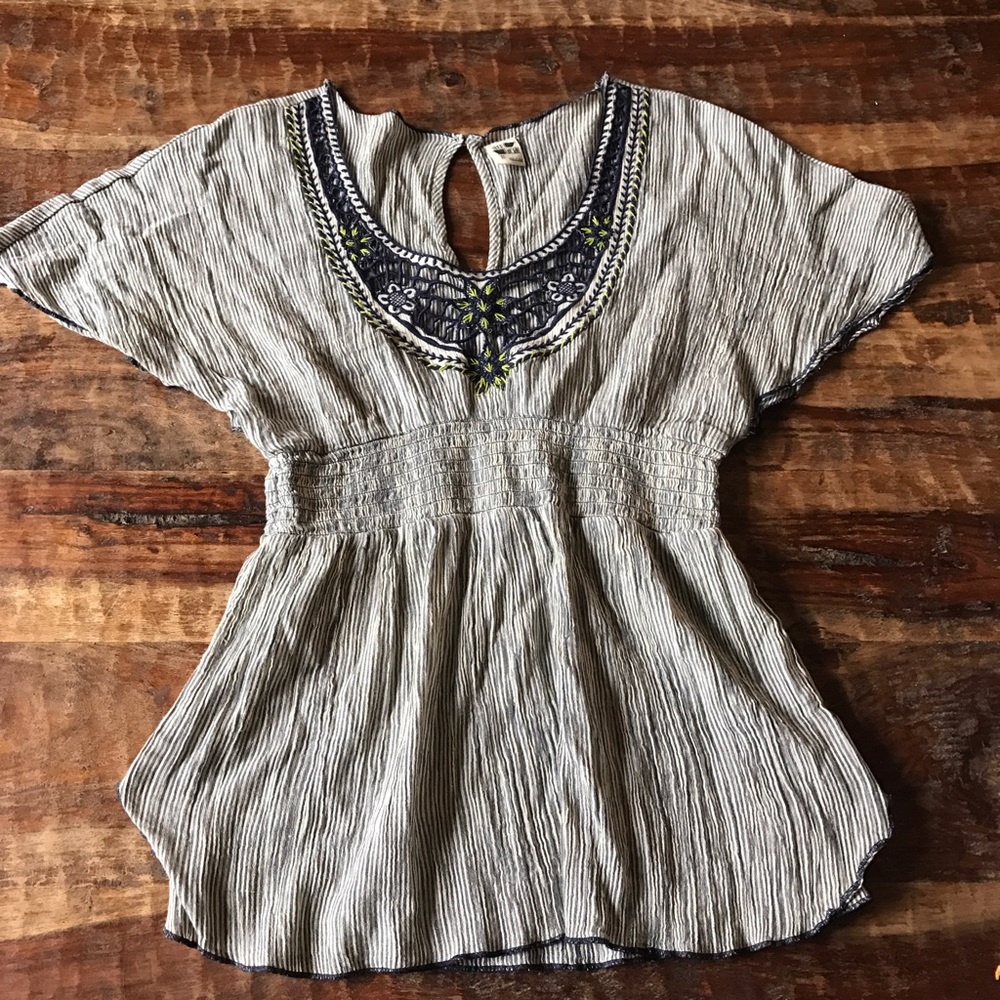Free People Cream Crinkle Embroidered V-Neck Top with Navy & Lime Accents